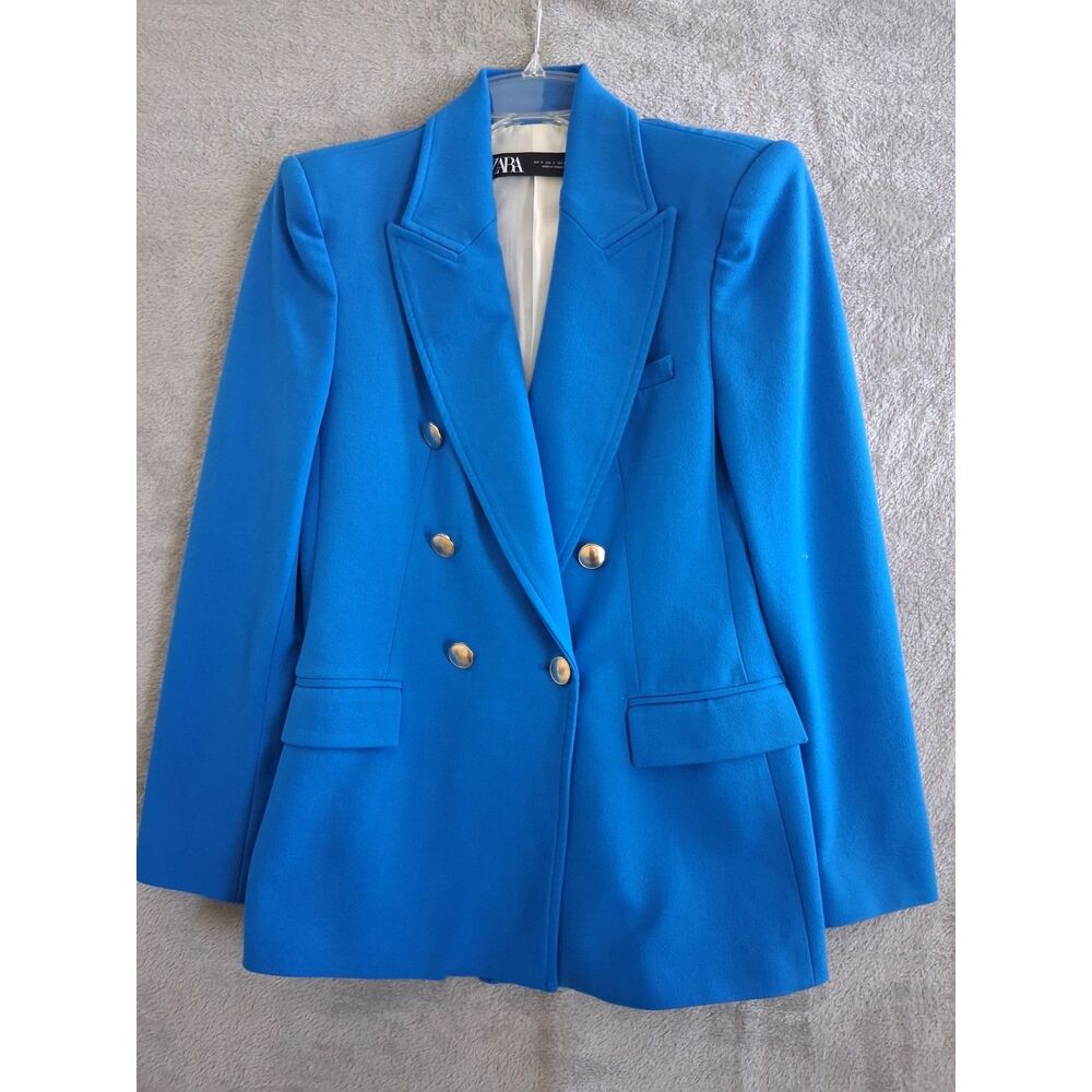 Zara SM Double Breasted Gold Buttons Blazer Blue Mid Length Peak Lapel Tailored